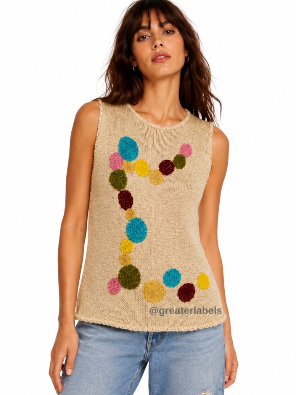 Vintage Jack Winter Gold Metallic Knit Crochet Appliqué Tank Top Rare Size 36/S